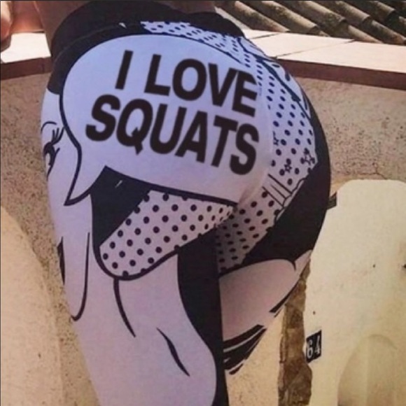 NWT “I LOVE SQUATS” COMIC BOOK DESIGN BLACK WHITE LEGGINGS SIZE MEDIUM - Picture 3 of 6